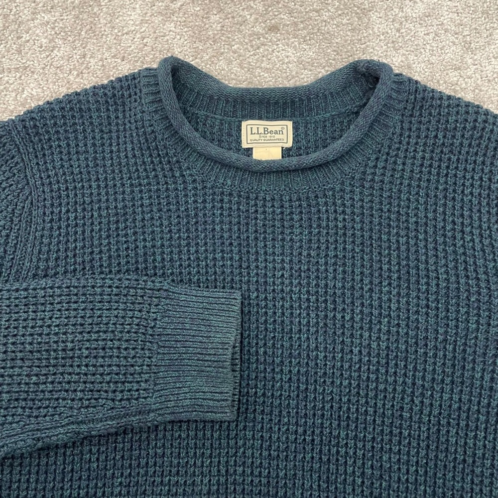 LL Bean Rollneck Sweater Mens Large Waffle Knit Organic Cotton Teal Blue Classic